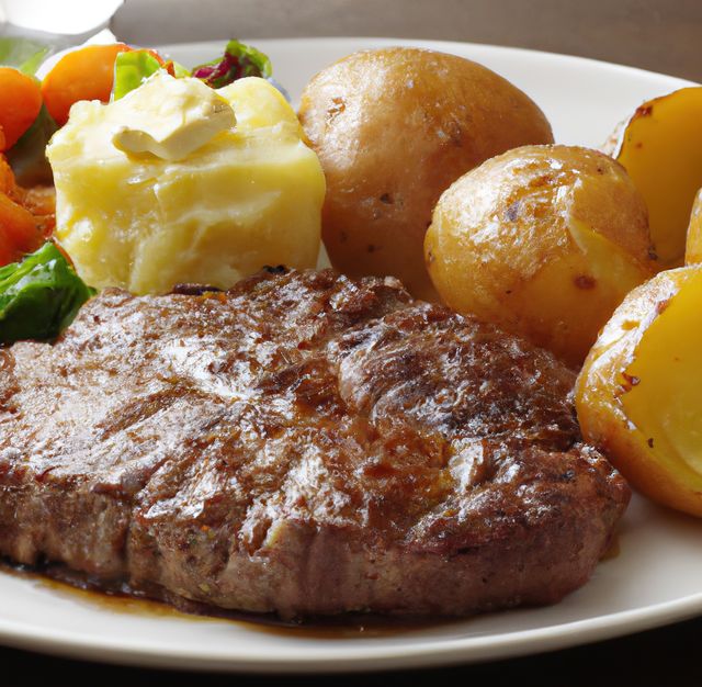 Grilled steak served with baked potatoes and a side of vegetables. A square of butter tops one of the potatoes. Perfect for use in food blogs, restaurant menus, or cooking websites. Ideal for illustrating hearty and well-presented meals.