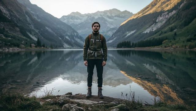 Standing hiker admiring alpine lake at rocky shoreline with backpack and hiking boots