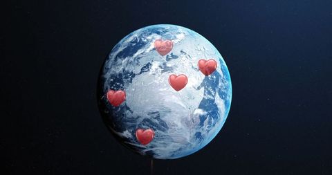 Earth with Falling Hearts Symbolizing Global Love and Connection