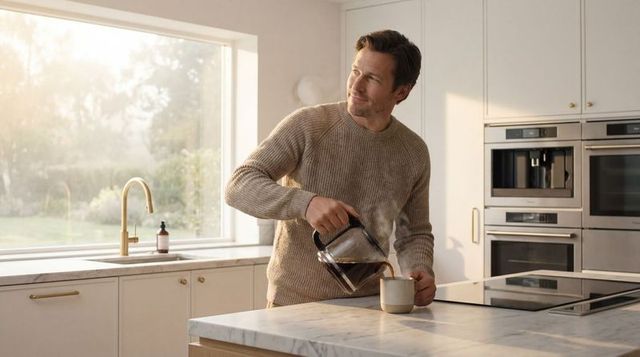 Man pouring coffee into mug on marble kitchen island in morning light