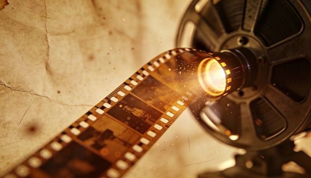 Projecting vintage 35mm filmstrip through antique reel projector with sepia amber glow