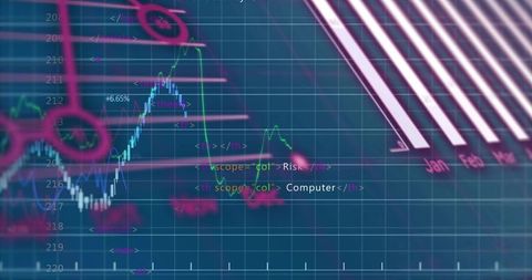 Futuristic market dashboard displaying neon charts, trend lines and code overlays