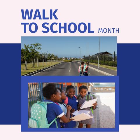 image depicts children engaged during walk to school month, promoting educational awareness and an active lifestyle. useful for campaigns showcasing children embracing active school routines. ideal for school programs, fitness promotion, and community health initiatives highlighting group learning and teamwork.