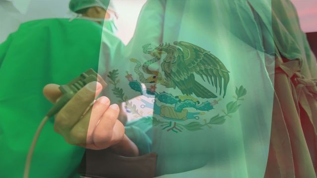 Scene shows overlay of Mexican flag with doctors conducting surgery, symbolizing unity in healthcare and cross-cultural medical practice. Suitable for healthcare campaigns, promoting diversity in medicine, or emphasizing global cooperation in healthcare. Ideal for use by hospitals, research articles on multicultural medical teams, and international health organizations.