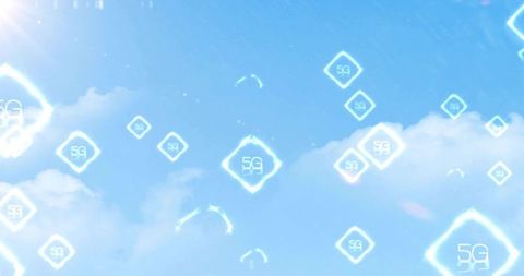 Futuristic 5g icons floating over blue sky with sun flare, wireless network connectivity