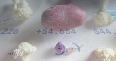 Floating purple potato with analytics overlays and progress rings on minimalist white flatlay