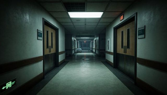 Empty Hospital Corridor Leading to Distant Gurney Under Fluorescent Lighting, Clinical Interior