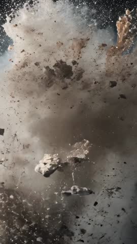 Exploding rock mass shattering into dust cloud and fragments drifting through void