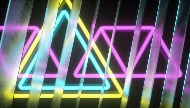 Glowing neon triangle trio casting cyan magenta yellow light through frosted slats