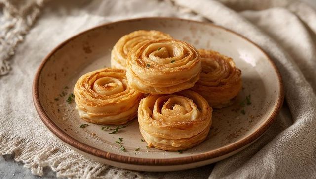 Golden spiral puff pastries on rustic ceramic plate with herb garnish