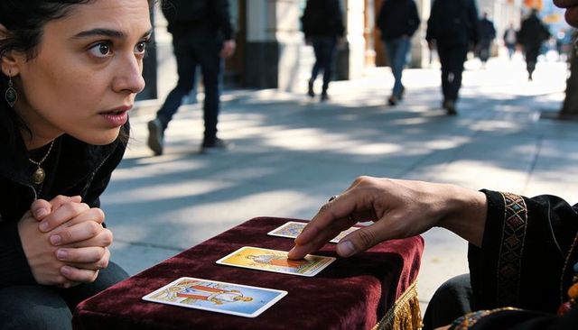 Curious woman receiving tarot reading on city sidewalk, hands placing cards during consult
