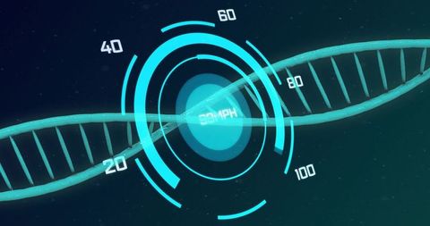 Futuristic cyan dna double helix displaying holographic hud data and speed readout