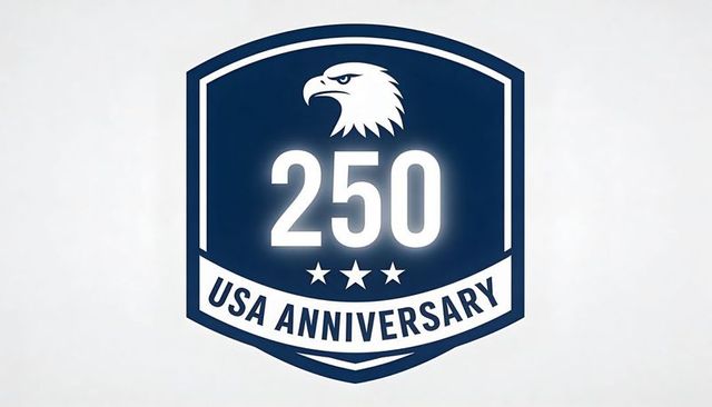 Navy shield emblem celebrating 250-year usa anniversary with eagle head and stars badge