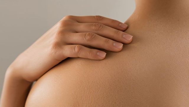 Closeup showing female shoulder and hand resting, revealing natural skin texture and nails