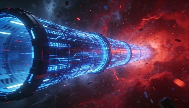 Streaming binary through neon conduit relaying interstellar data during energy surge