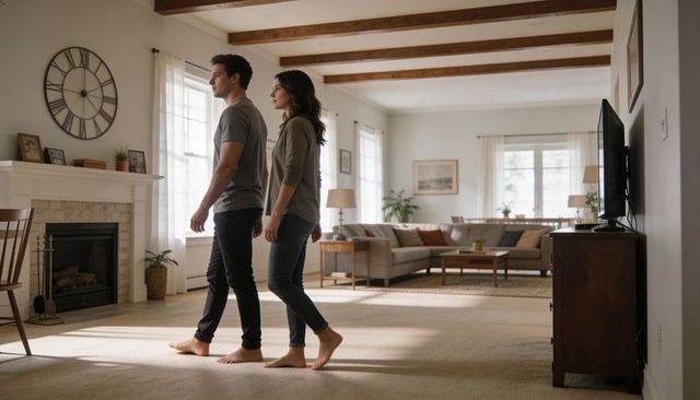 Young couple walking barefoot through sunlit living room with fireplace and mantel clock