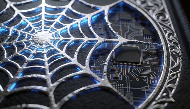 Silver filigree spiderweb revealing illuminated pcb circuit with blue glow and ornate metallic frame