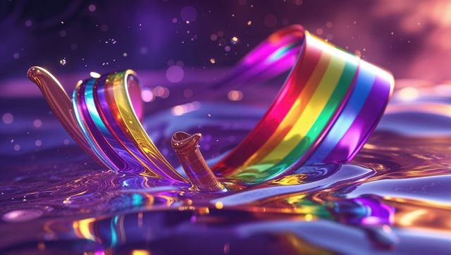 Rainbow ribbon twirling through futuristic abstract liquid