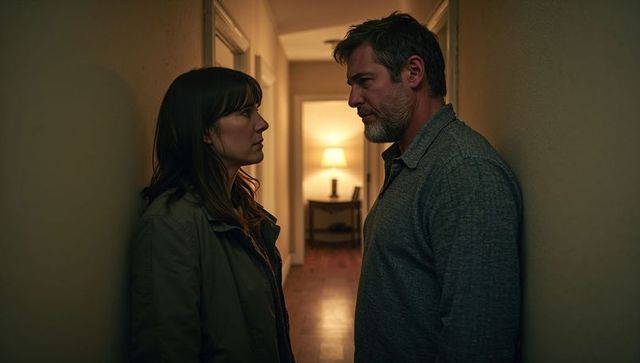 Couple confronting in narrow hallway with warm backlight, tense intimate cinematic moment
