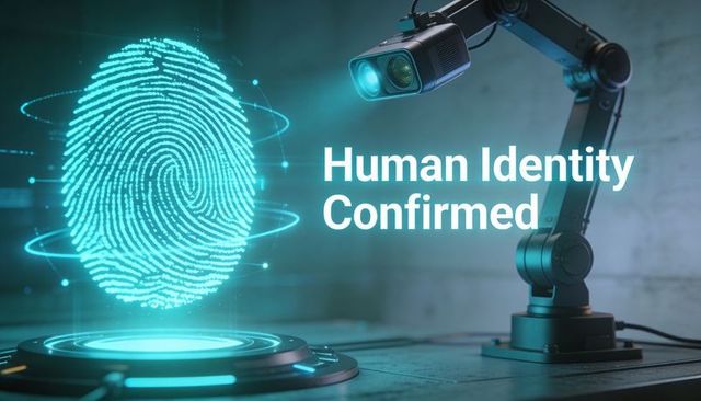 Futuristic biometric hologram fingerprint with robotic scanner confirming human identity