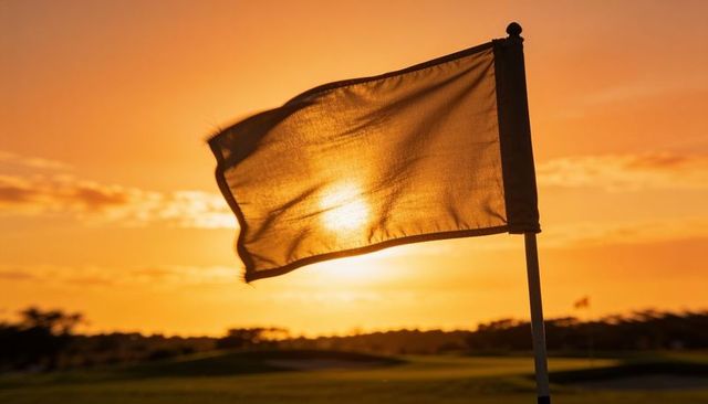 Rippling backlit golf flag showing sheer texture at golden hour on putting green