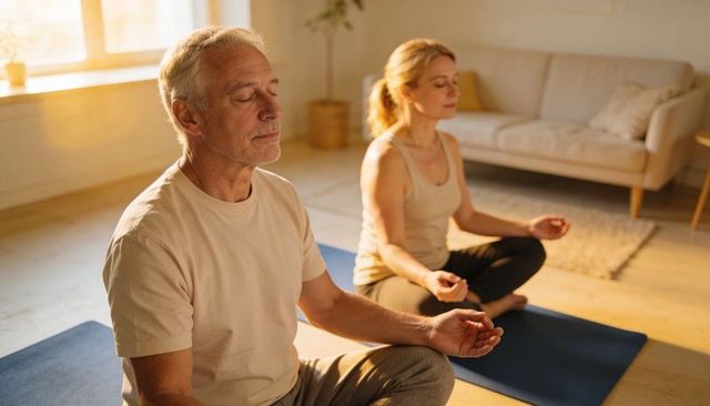 Sunlit home meditation with mature couple practicing mindfulness on yoga mats