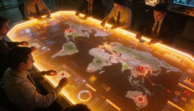 Team of analysts analyzing global hotspots on holographic command table in control room