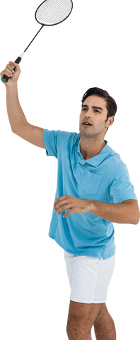 Transparent badminton player mid-serve with focused expression