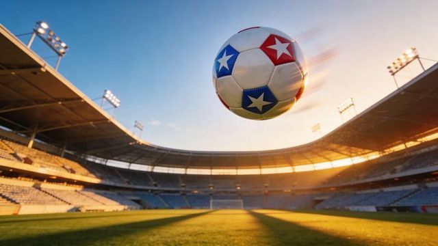 Flying soccer ball with red and blue stars over empty stadium at golden hour with motion blur