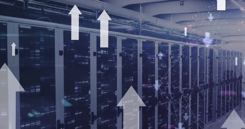 Digital Composite of Arrows Over Illuminating Data Centers Indicating Growth - Download Free Stock Images Pikwizard.com