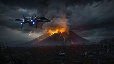 Futuristic Spacecraft Exploring Volcanic Eruption Zone
