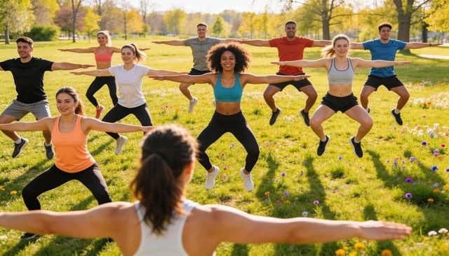 Leading instructor guiding outdoor group exercising with jumping jacks on sunny meadow