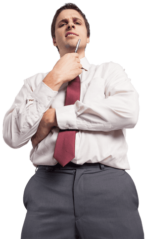 Contemplative Businessman with Pen on Transparent Background