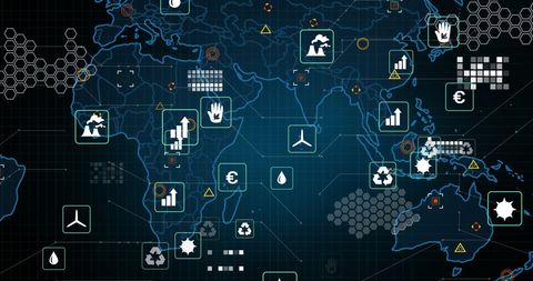 Global Eco Icons Data Processing Over World Map - Download Free Stock Images Pikwizard.com