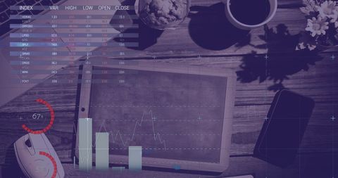 Digital financial data analysis overlaid on desk with tablet and coffee