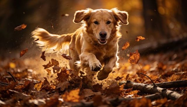 Golden retriever leaping through autumn leaves backlit by warm sunlight, midair action