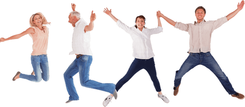 Joyful Group of Adults Jumping Together On Transparent Background