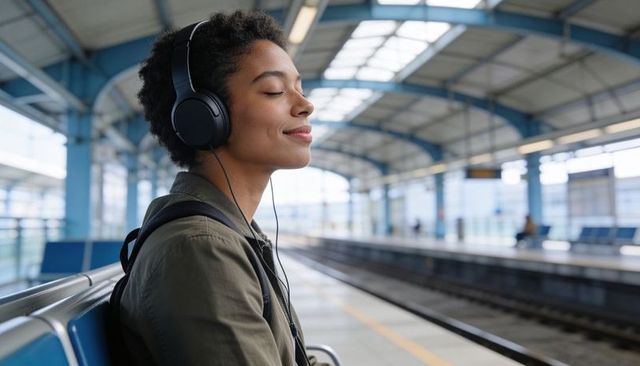 Young commuter relaxing and listening to music at modern train platform with headphones