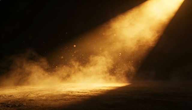 Casting golden light beam through misty cavern floor with floating dust and haze
