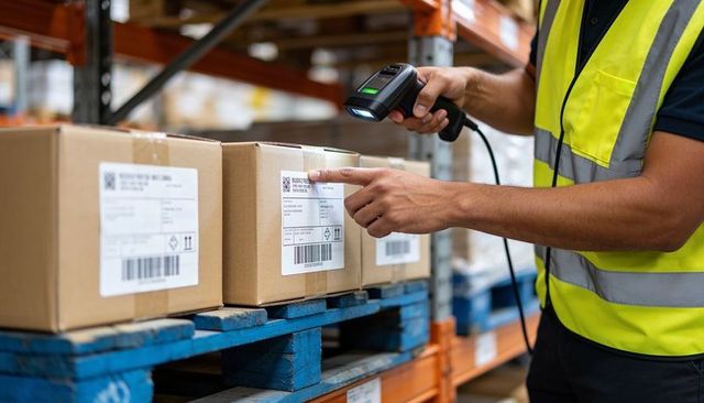 Warehouse worker scanning cartons with handheld barcode scanner on blue pallet