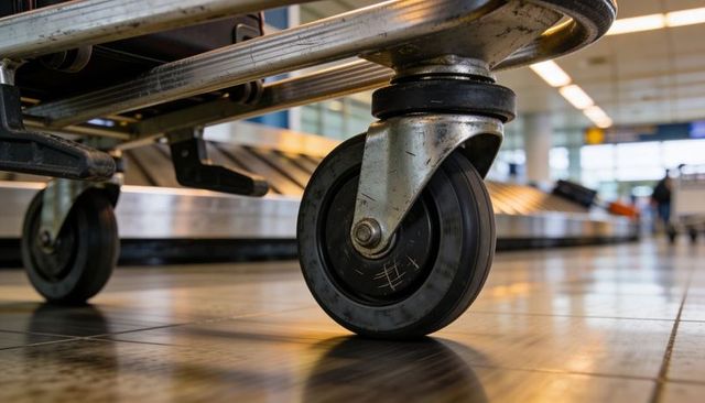 Close-up rolling caster wheel on airport baggage carousel reflecting terminal lights