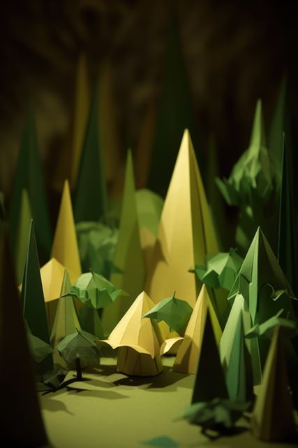 Green and yellow origami forest and woodland in spring, created using generative ai technology. Nature, seasons, wildlife and paper craft concept digitally generated image.