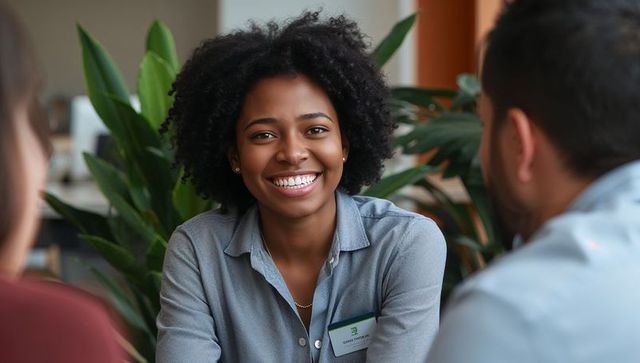 Smiling receptionist welcoming clients at office desk with name badge and indoor plants