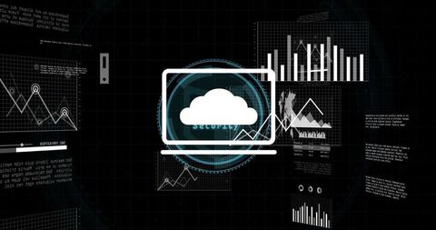 Futuristic cloud computing dashboard displaying laptop routing data with holographic charts