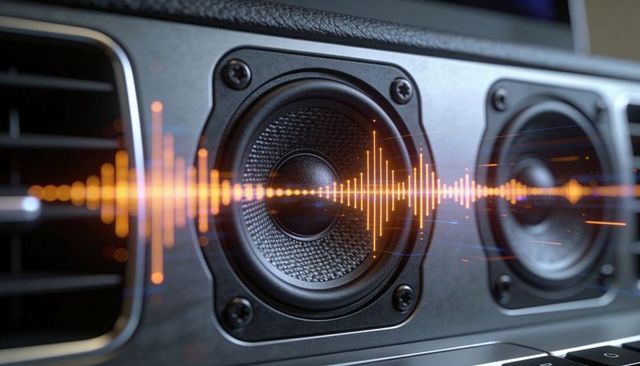 Car speaker emitting orange soundwave visual closeup, automotive dashboard audio system