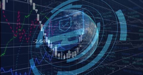 3d globe in virtual finance interface with candlestick chart