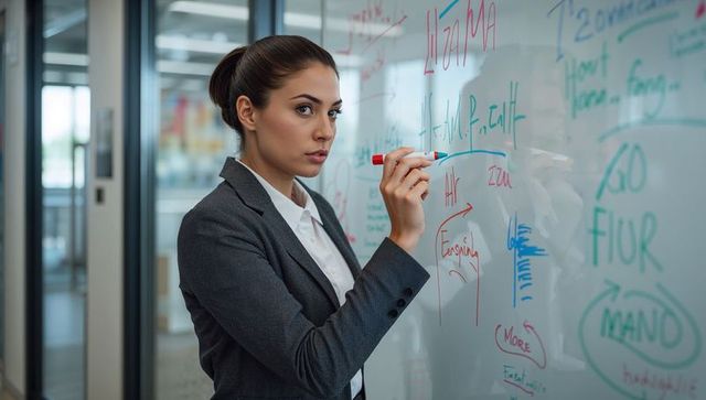 Businesswoman writing strategy notes on glass whiteboard during office brainstorming