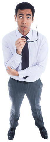 Wondering businessman with glasses on transparent background