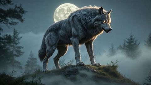 Majestic gray werewolf under full moon in misty forest