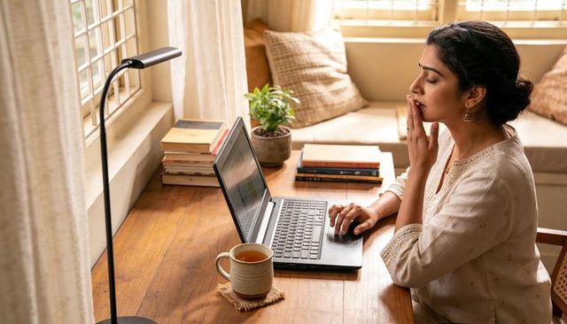 Indian woman working from home in embroidered kurta typing on laptop at sunlit wooden desk
